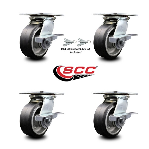 5 Inch Rubber On Aluminum Caster Set With Ball Bearing 4 Brake And 2 Swivel Lock